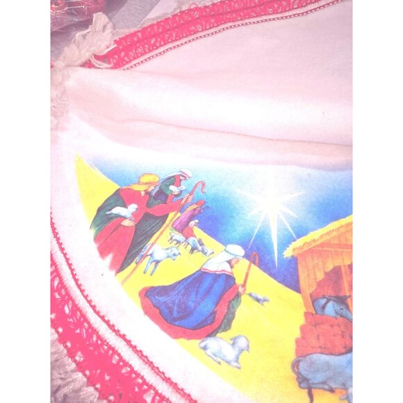 Vintage Mcm Round Nativity Scene Blanket Tree Skirt Fringe Red Border - Picture 7 of 9